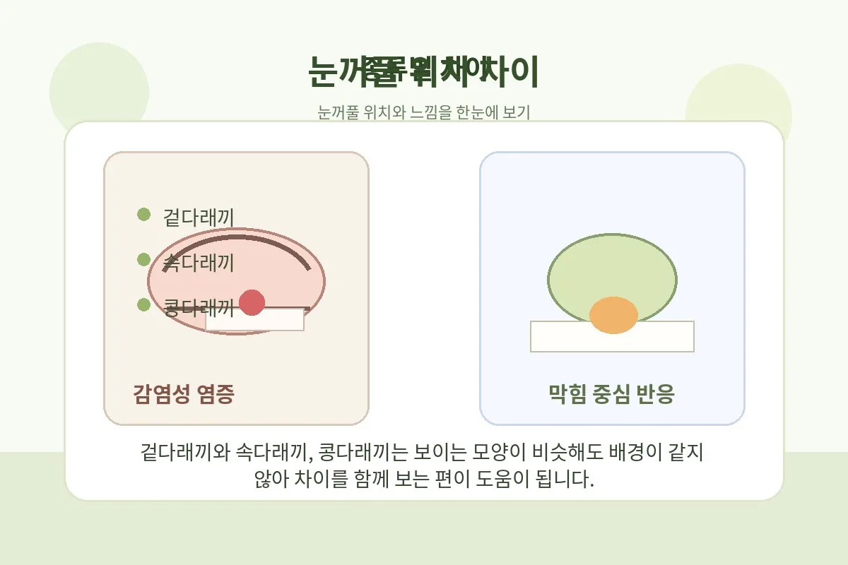 눈꺼풀 단면에서 겉다래끼와 속다래끼, 콩다래끼 위치 차이를 보여주는 안내 그림