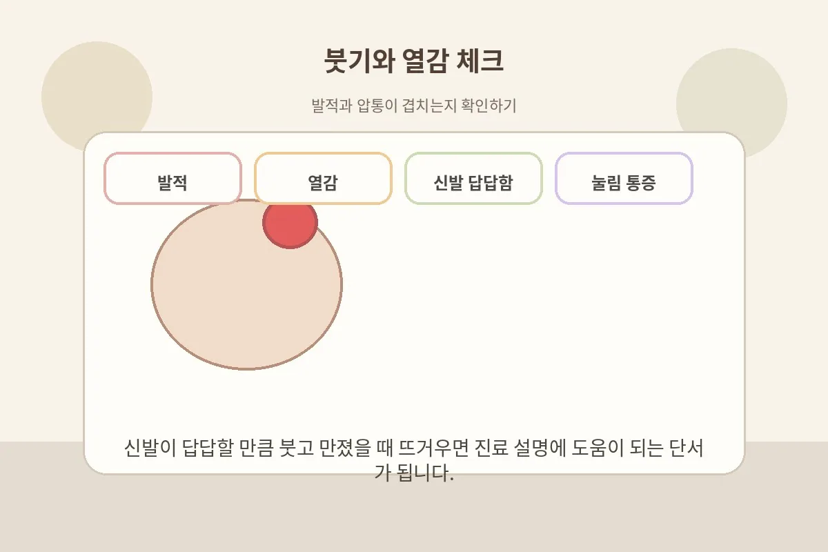엄지발가락 붓기와 발적, 열감을 확인하는 체크 포인트를 보여주는 이미지