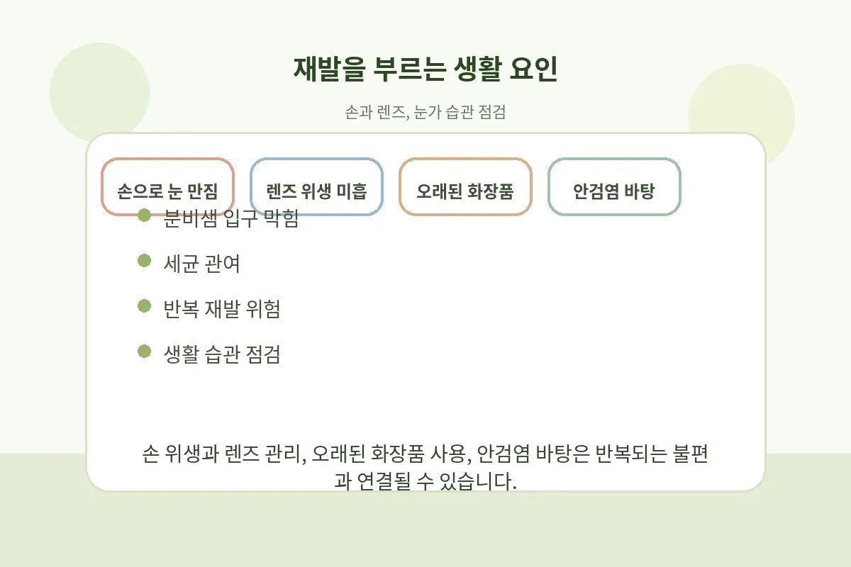 손 위생과 렌즈 관리, 메이크업 습관 등 재발 요인을 아이콘으로 정리한 그림