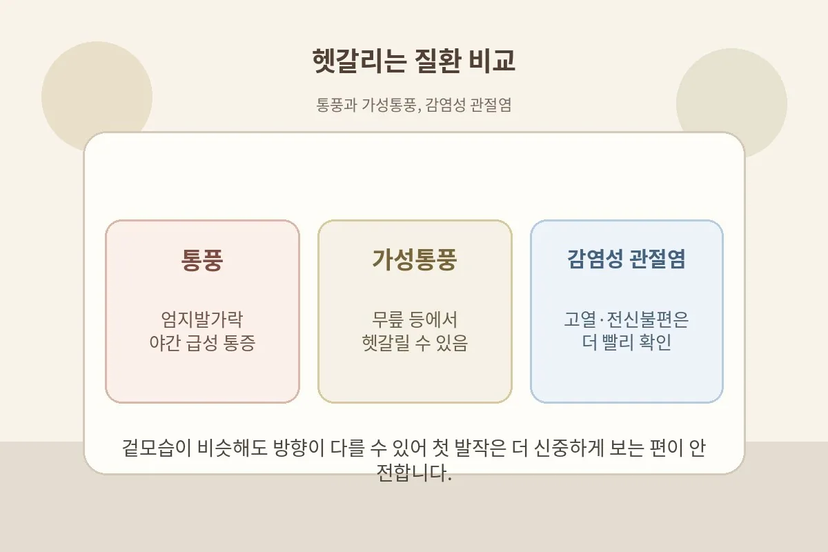 통풍과 가성통풍, 감염성 관절염이 헷갈리는 지점을 비교한 안내 이미지