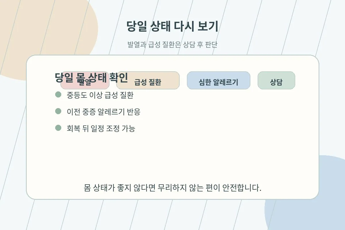 발열이나 급성 질환이 있을 때 접종 연기 여부를 상담하는 안내 이미지