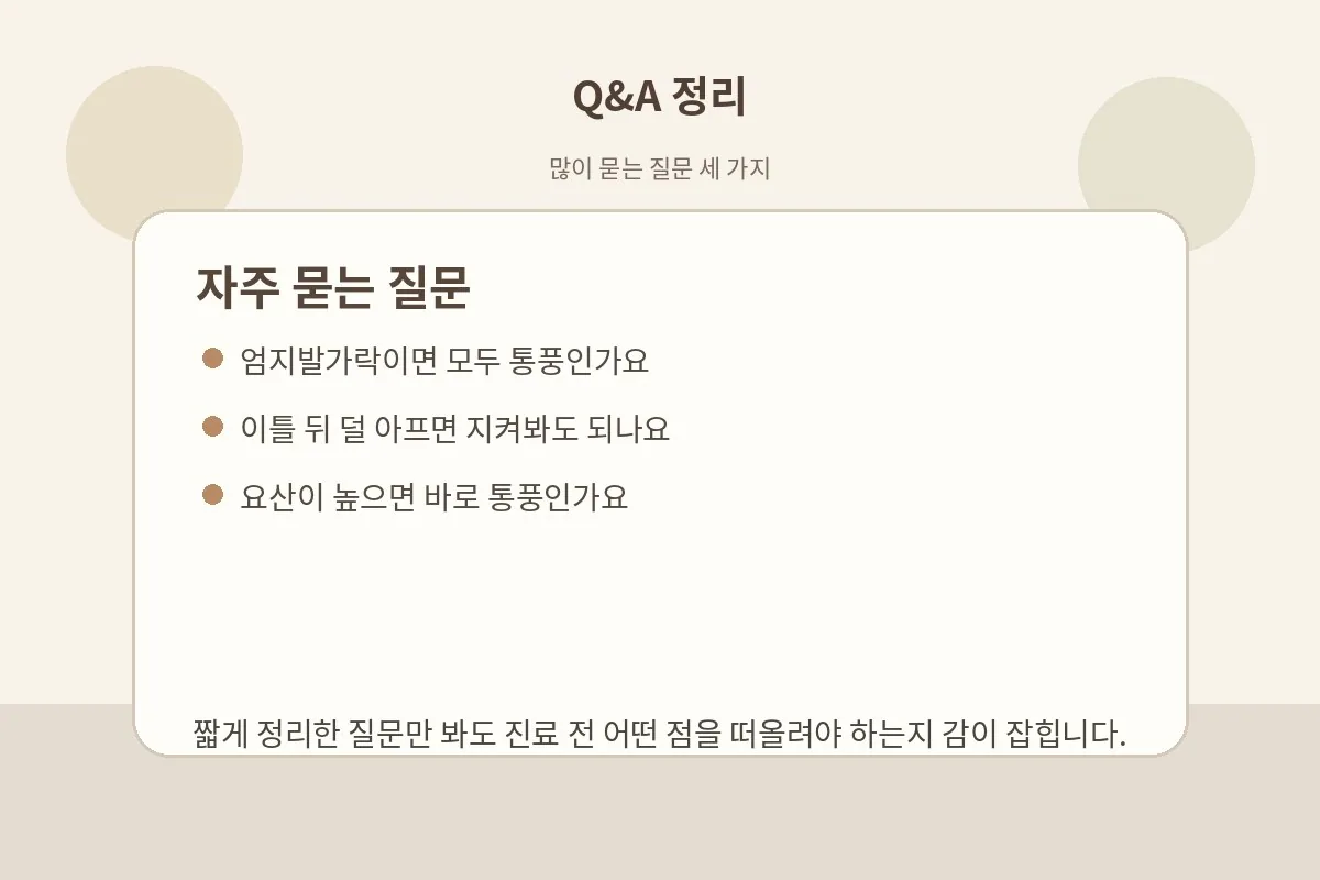 통풍 초기 통증과 요산 수치, 병원 방문 시점에 대한 자주 묻는 질문을 정리한 이미지