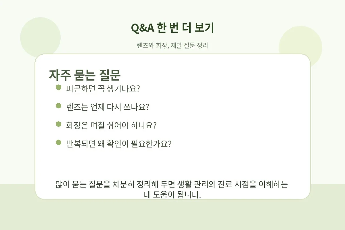 렌즈와 화장, 재발, 진료 시점을 묻는 질문을 차분히 정리한 카드형 그림